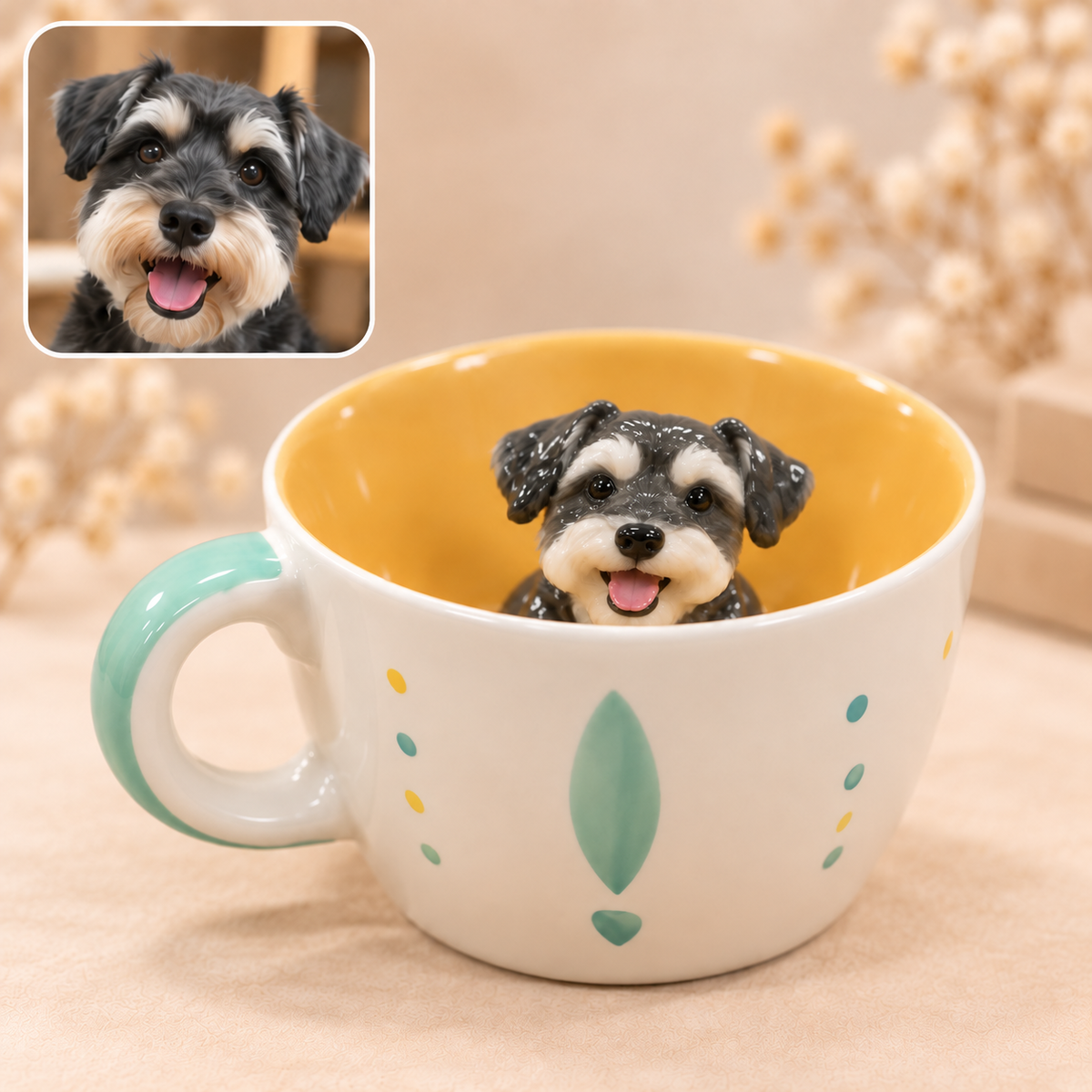 曲線ハンドルと犬のポートレート付き陶器マグ