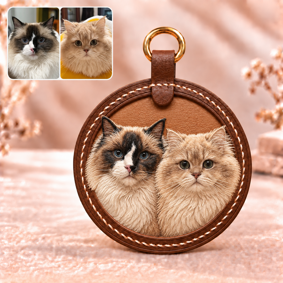 Personalisierte 3D-Lederbilder mit zwei Katzen – Lederanhänger aus echtem Leder