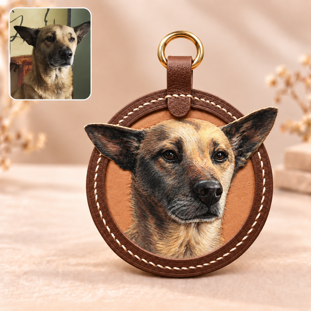 3D-Lederporträt rund – personalisiertes Lederbild mit Haustierfoto als Andenken