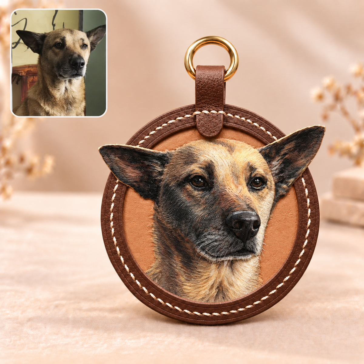 3D-Lederporträt rund – personalisiertes Lederbild mit Haustierfoto als Andenken