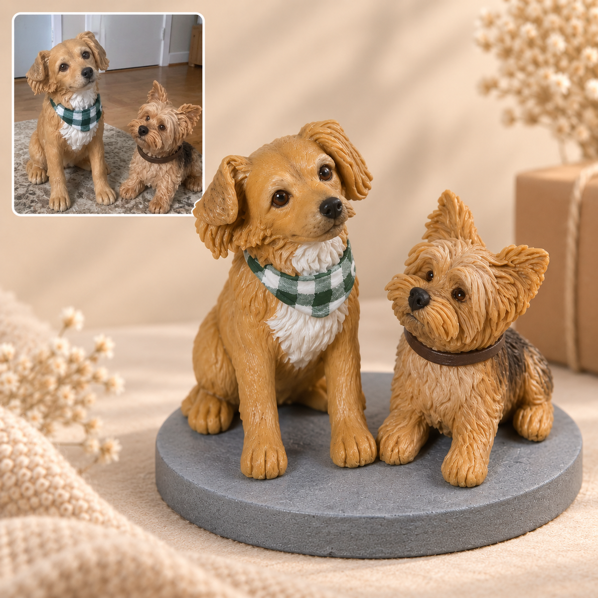 Personalisierte Doppel-Haustierfigur nach Foto – Handmodelliert aus Soft Clay