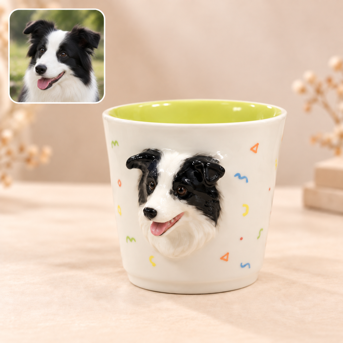 犬の立体ポートレート付きハンドルなし陶器マグ