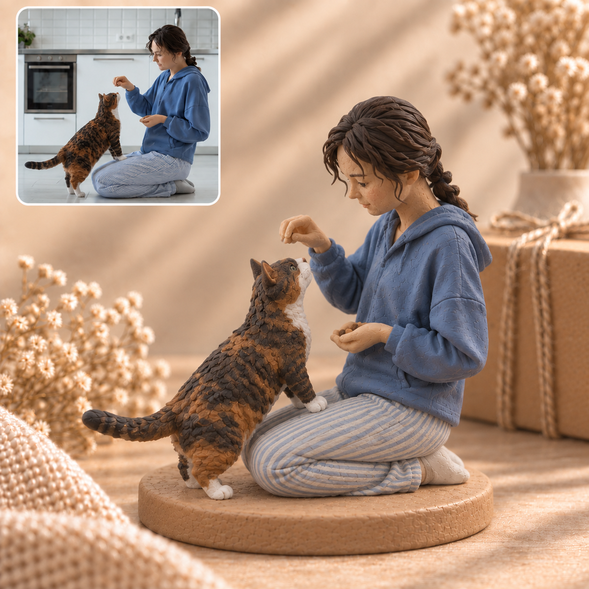 Personalisierte 3D-Figur mit Haustier nach Foto aus handmodelliertem Soft Clay