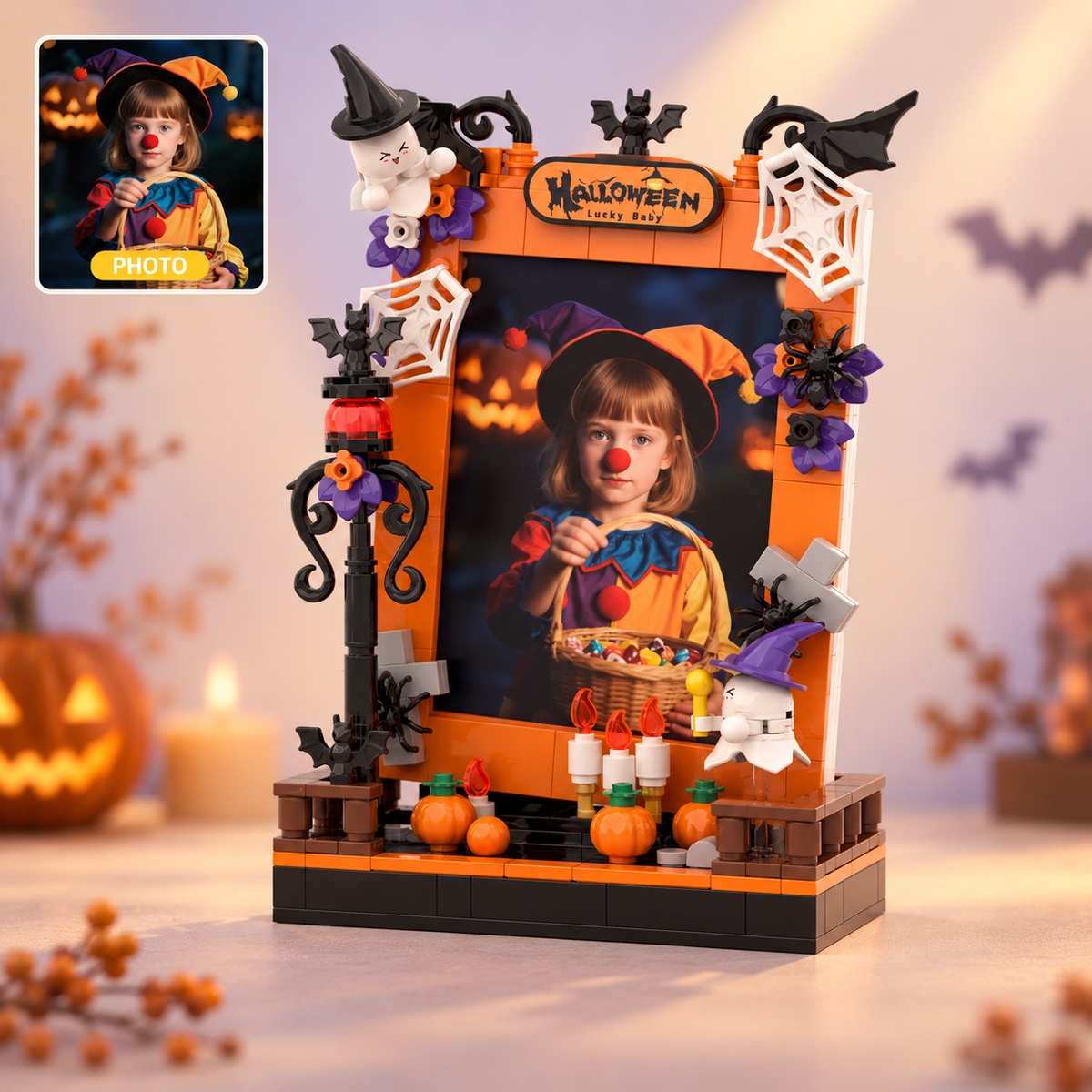 Klemmbaustein-Porträt nach Foto – Halloween-Bilderrahmen mit Hexe und Kürbis, Modell V-01