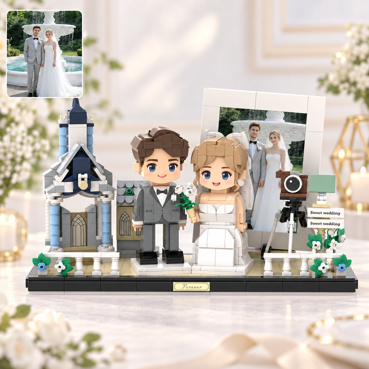 Klemmbaustein-Porträt nach Foto – Hochzeitskirche in Luxusausführung mit Brautpaar, Modell B-10