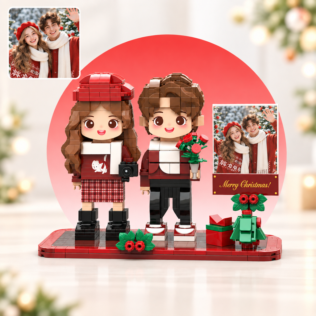 Klemmbaustein-Porträt nach Foto – Polaroid-Motiv auf Weihnachts-Bogenrahmen, 2 Personen, Modell X-10