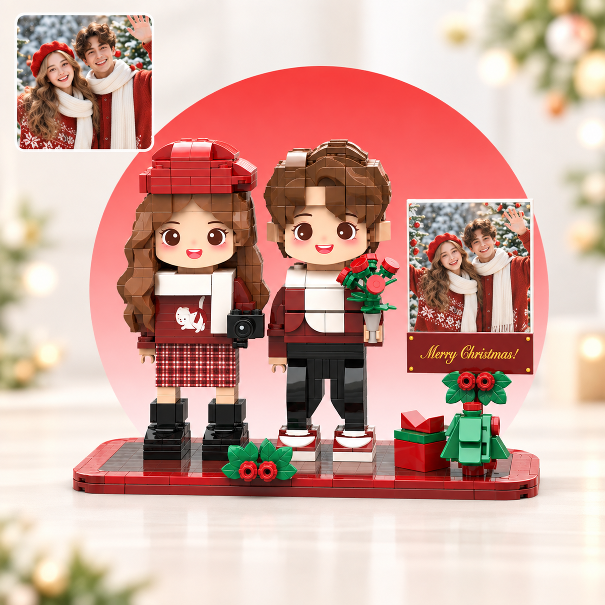 Klemmbaustein-Porträt nach Foto – Polaroid-Motiv auf Weihnachts-Bogenrahmen, 2 Personen, Modell X-10