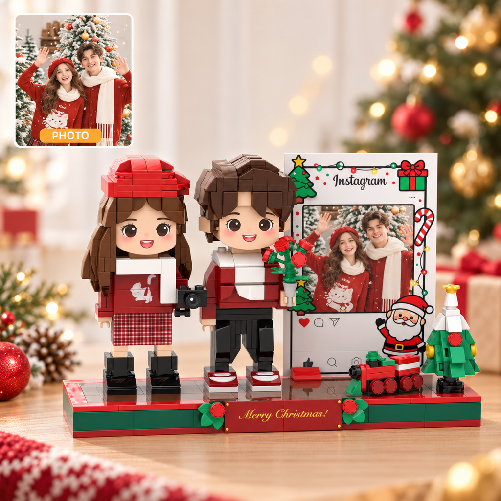 Klemmbaustein-Porträt nach Foto – 5-Zoll-Fotomotiv mit Weihnachtsbaum, 2 Personen, Modell X-13