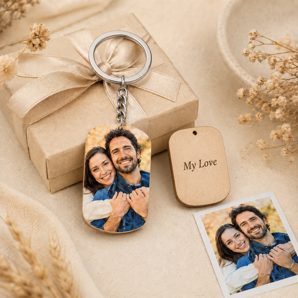 Personalisierter Foto Schlüsselanhänger aus Holz – Rechteckig mit eigenem Bild