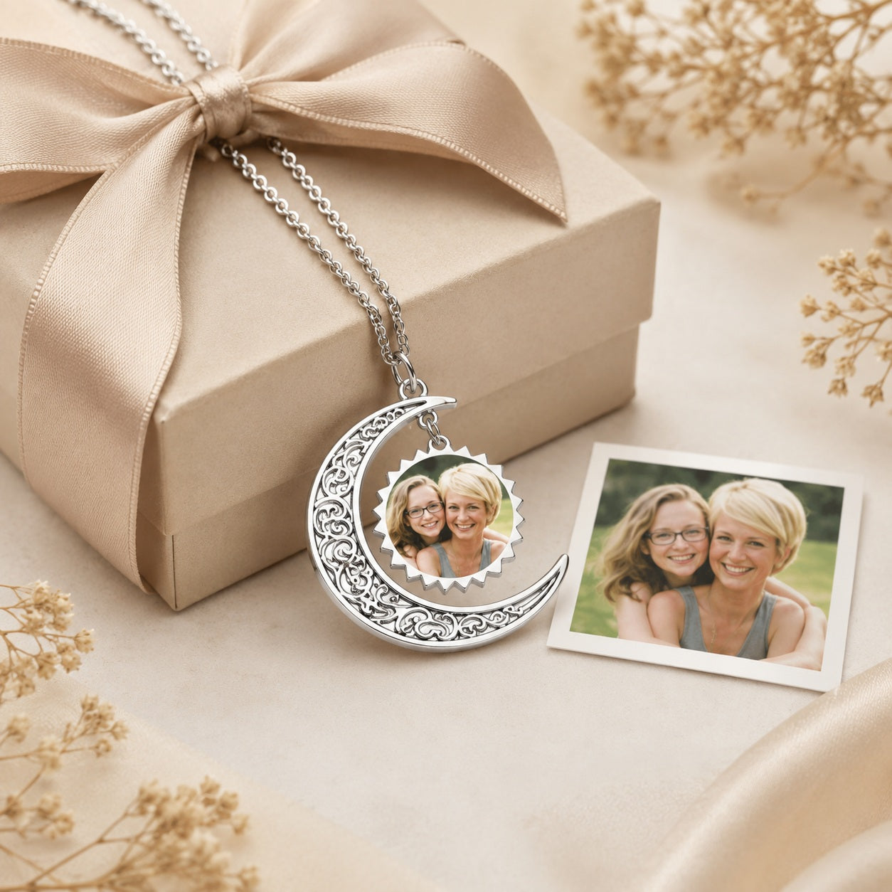 Personalisierte Mond Halskette mit Foto Silber Erinnerungsschmuck