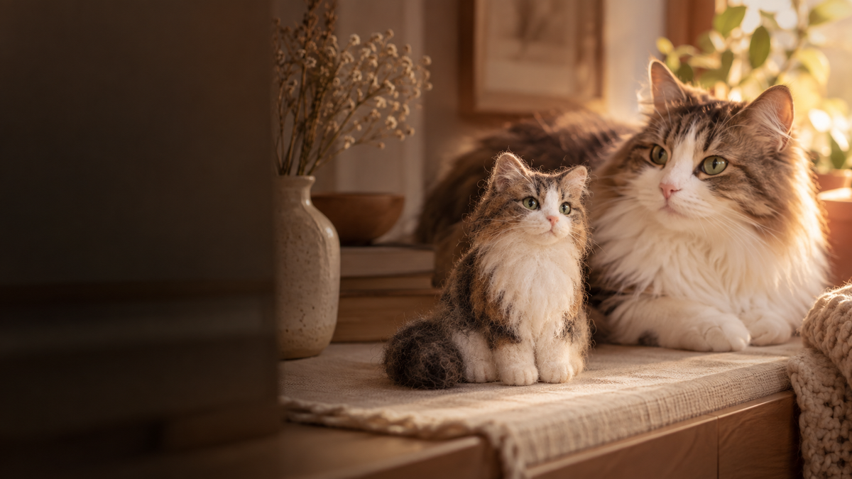 Personalisierte Wollfilz-Katzenfigur als Erinnerungsstück