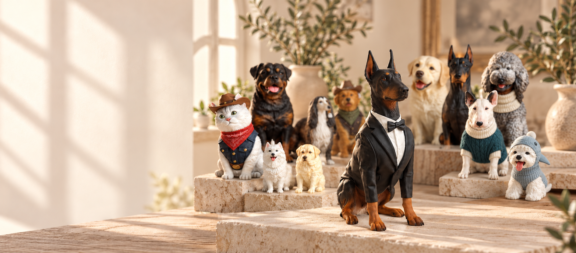 Fein ausgearbeitete 3D-gedruckte Miniaturfiguren in einer hellen Atelierkulisse
